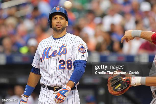 July 07: James Loney of the New York Mets batting during the Washington Nationals Vs New York Mets regular season MLB game at Citi Field on July 07,...