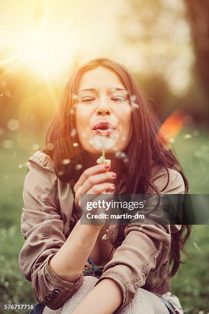 woman enjoying the summer - dandelion blowing stock pictures, royalty-free photos & images