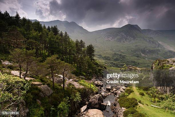 cascada del valle de ogwen mirando hacia el oeste - snowdonia fotografías e imágenes de stock