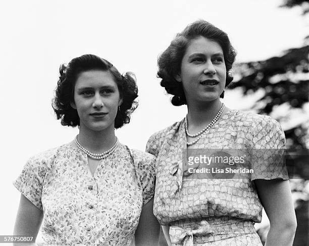 Princess Elizabeth and her sister Princess Margaret at the Royal Lodge, Windsor, UK, 8th July 1946.