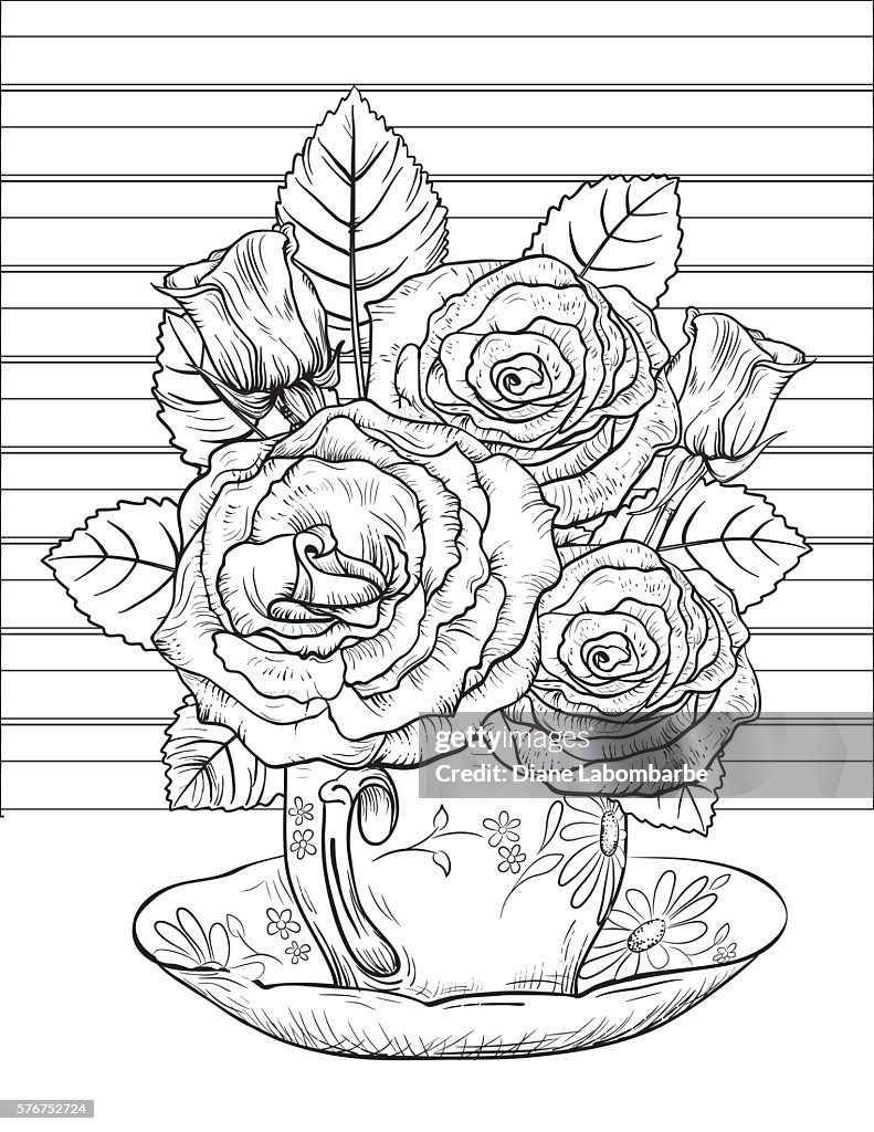 Flowers and Tea Adult Coloring Page.