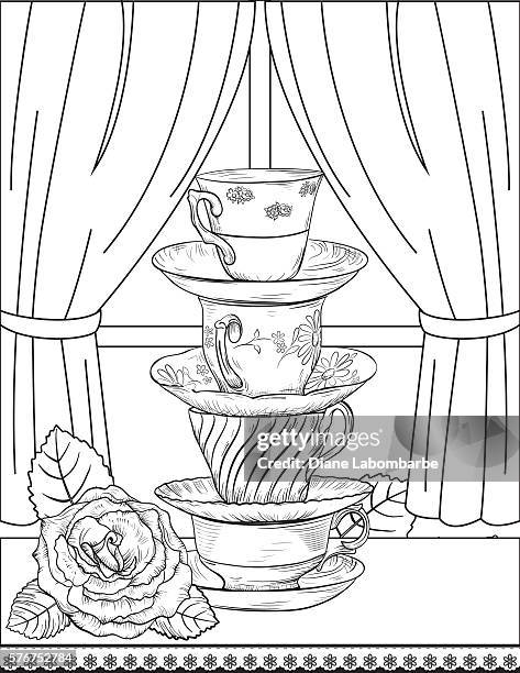 stockillustraties, clipart, cartoons en iconen met flowers and tea adult coloring page. - afternoon tea
