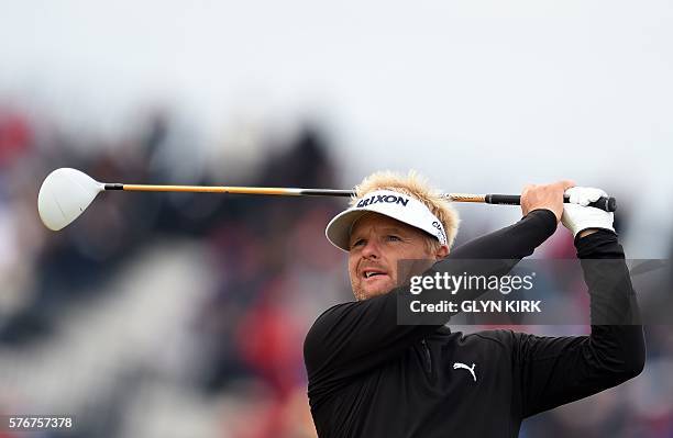 Denmark's Soren Kjeldsen watches his drive from the 6th tee during his final round on day four of the 2016 British Open Golf Championship at Royal...