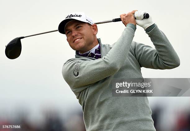 Golfer Bill Haas watches his drive from the 6th tee during his final round on day four of the 2016 British Open Golf Championship at Royal Troon in...