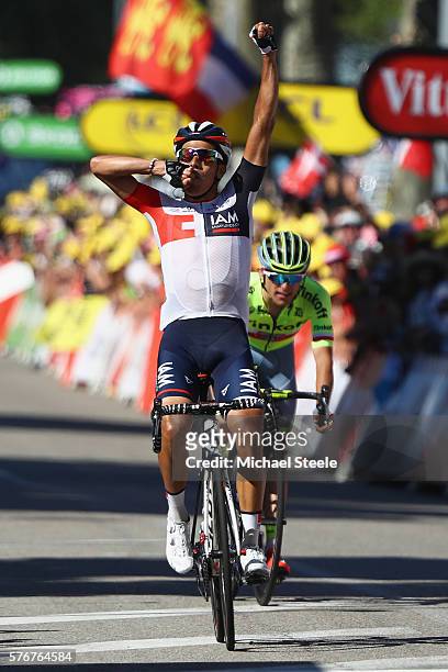 Jarlinson Pantano of Colombia and IAM Cycling celebrates victory from Rafal Majka of Poland and Tinkoff during the 160km stage15 of Le Tour de France...