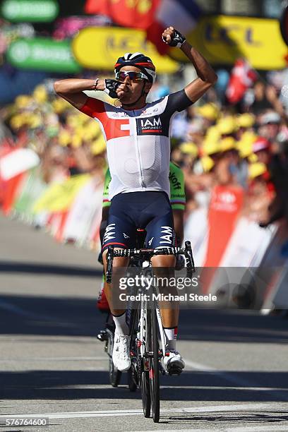 Jarlinson Pantano of Colombia and IAM Cycling celebrates victory from Rafal Majka of Poland and Tinkoff during the 160km stage15 of Le Tour de France...