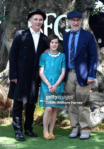 Mark Rylance, Ruby Barnhill and Director Steven Spielberg attend the UK film premiere of the BFG on July 17, 2016 in London, England.