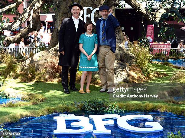 Mark Rylance, Ruby Barnhill and Director Steven Spielberg attend the UK film premiere of the BFG on July 17, 2016 in London, England.