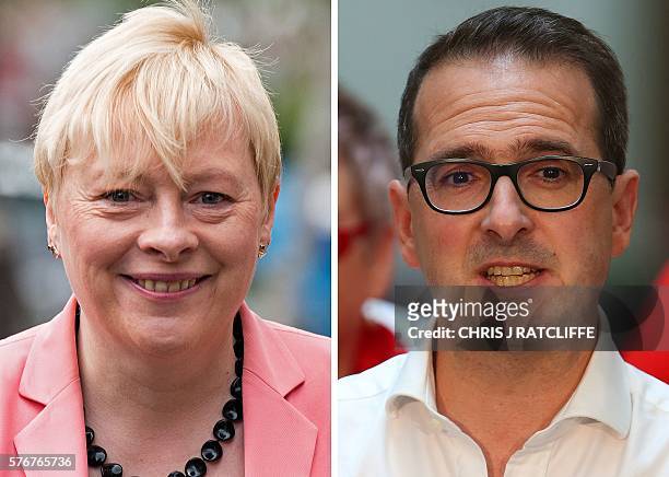 In this combination of file pictures created on July 17 British Opposition Labour Party MP Angela Eagle is pictured as she leaves her home in London...