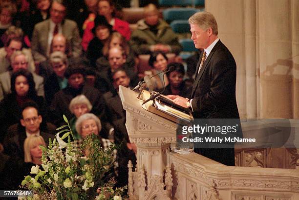 President Bill Clinton eulogizes Pamela Harriman, ambassador to France and widow of diplomat Averill Harriman, at a memorial service at Washington...