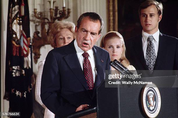 The day after resigning from the presidency, Richard Nixon gives a farewell speech to his staff. His wife Pat, daughter Tricia and son-in-law Edward...