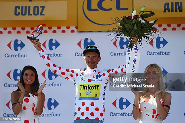 Rafal Majka of Poland and Tinkoff celebrates claiming the polka dot King of the Mountains jersey following the 160km stage15 of Le Tour de France...