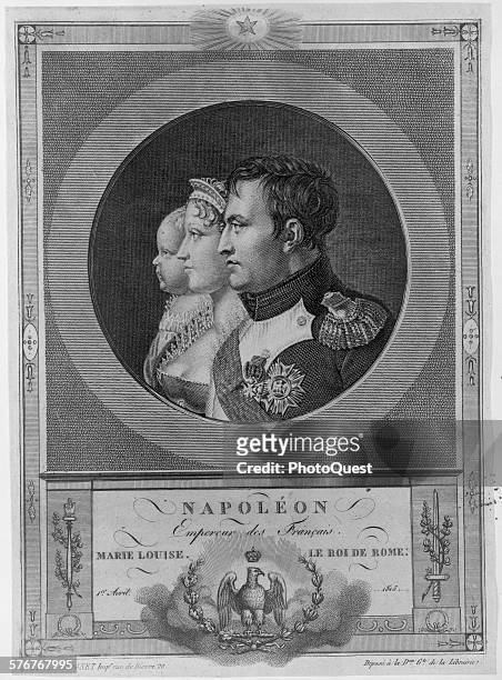 Portrait of French Emperor Napoleon I, his wife Marie Louise, and their son Napoleon II, all facing left, Paris, France, April 1, 1815.