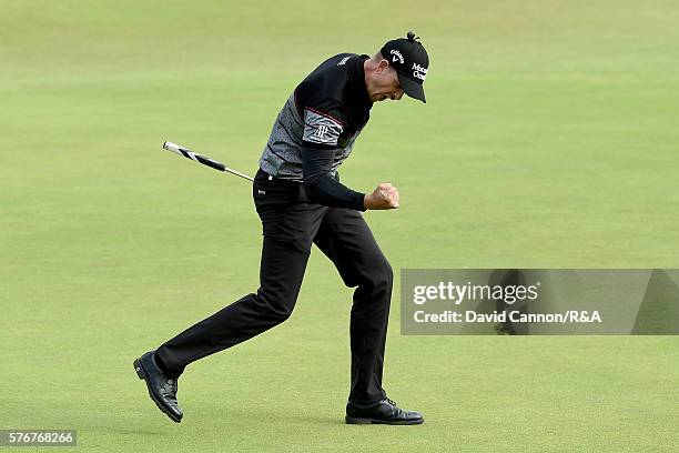 Henrik Stenson of Sweden reacts to a birdie putt on the 15th green during the final round on day four of the 145th Open Championship at Royal Troon...