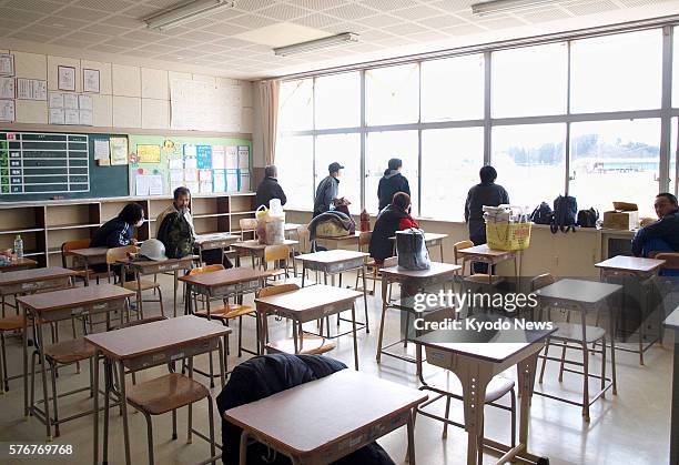 Japan - Photo taken April 12 shows a classroom of a junior high school in Higashimatsushima, Miyagi Prefecture, that has been used as a temporary...