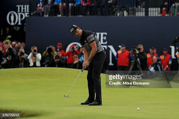 Henrik Stenson of Sweden hits the winning putt during the final round on day four of the 145th Open Championship at Royal Troon on July 17, 2016 in...