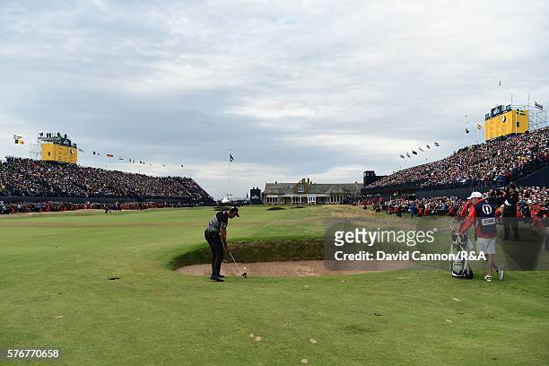 Henrik Stenson of Sweden plays his second shot on the 18th hole during the final round on day four of the 145th Open Championship at Royal Troon on...