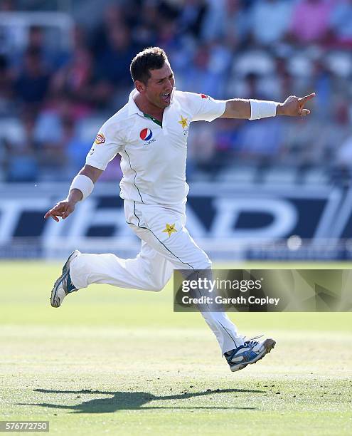 Yasir Shah of Pakistan celebrates after dismissing Chris Woakes of England during day four of the 1st Investec Test between England and Pakistan at...