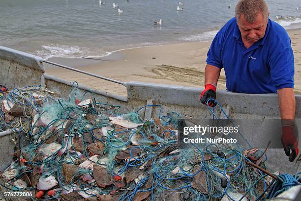 Piaski, Poland 17th, July 2016 Fishermen in Piaski return from the Baltic sea with caught flounders. Flounders and herring are the main basic species...