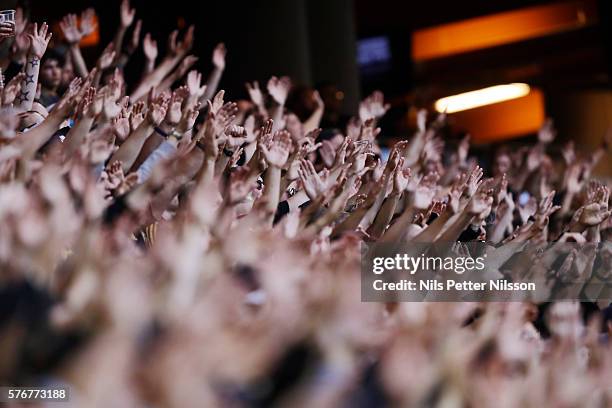 Fans of AIK during the allsvenskan match between AIK and Malmo FF at Friends arena on July 17, 2016 in Solna, Sweden.