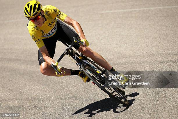 Christopher Froome of Great Britain riding for Team Sky in the yellow leader's jersey rides in the peloton during stage fifteen of the 2016 Le Tour...