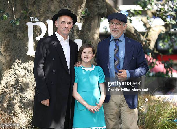 Mark Rylance, Ruby Barnhill and Steven Spielberg arrive for the UK film premiere of the BFG on July 17, 2016 in London, England.