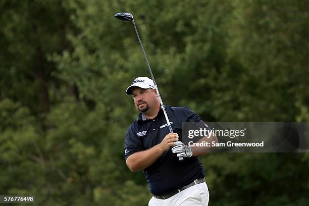 Brendon de Jonge of Zimbabwe hits off the sixteenth hole during the final round of the Barbasol Championship at the Robert Trent Jones Golf Trail at...