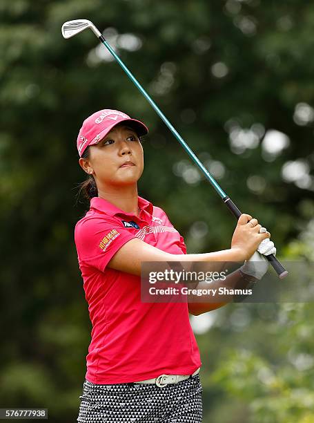 Lydia Ko of New Zealand watches her drive on the second hole during the final round of the Marathon Classic presented by Owens Corning and O-I at...