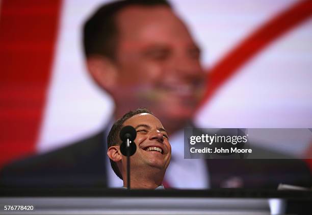 Reince Priebus, chairman of the Republican National Committee, speaks during a microphone test at the Quicken Loans Arena a day before the start of...