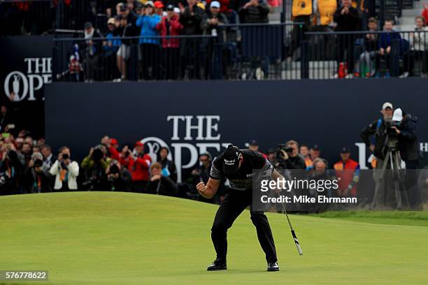 Henrik Stenson of Sweden celebrates victory after the winning putt on the 18th green during the final round on day four of the 145th Open...