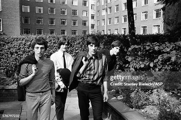 Group portrait of The Kinks, London, 1965. L-R Pete Quaife, Dave Davies, Mick Avory, Ray Davies.