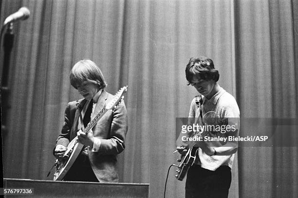 The Rolling Stones, rehearsing for a radio session, United Kingdom, circa 1965. L-R Brian Jones, Mick Jagger .