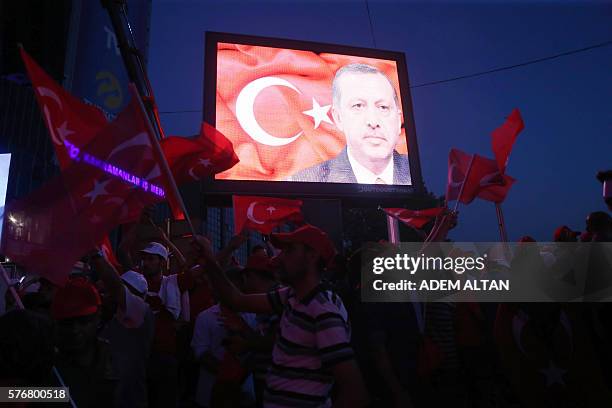 An image of Turkey's President Recep Tayyip Erdogan is displayed on a screen as supporters gather at Kizilay square in Ankara on July 17, 2016 during...