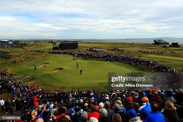 General view of Phil Mickelson of the United States on the the 14th green during the final round on day four of the 145th Open Championship at Royal...