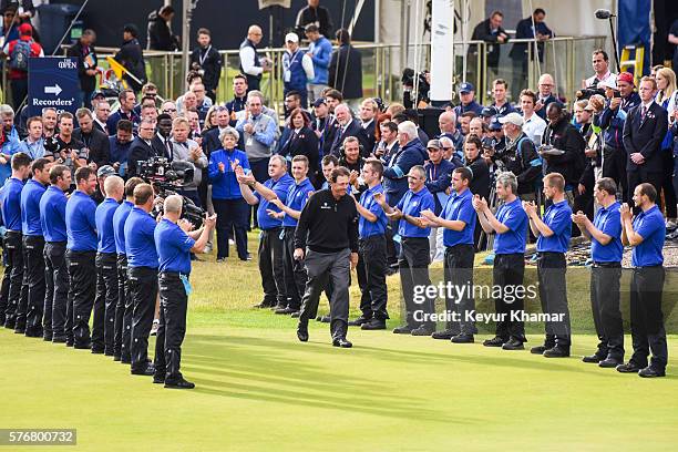 Phil Mickelson of the United States is announced as the runner-up following his loss to Henrik Stenson in the final round on day four of the 145th...