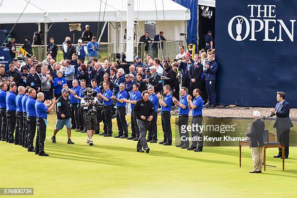 Phil Mickelson of the United States is announced as the runner-up following his loss to Henrik Stenson in the final round on day four of the 145th...