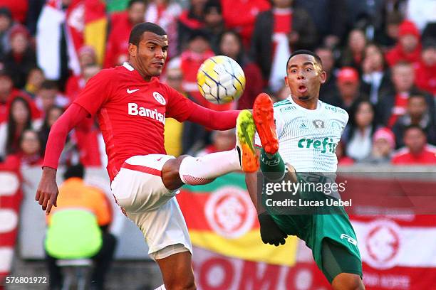 Ernando of Internacional battles for the ball against Gabriel Jesus of Palmeiras during the match between Internacional and Palmeiras as part of...