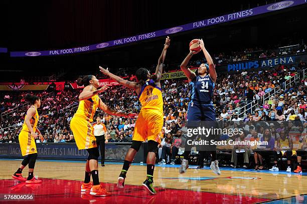 Markeisha Gatling of the Atlanta Dream shoots the ball against the Los Angeles Sparks on July 17, 2016 at Philips Arena in Atlanta, Georgia. NOTE TO...