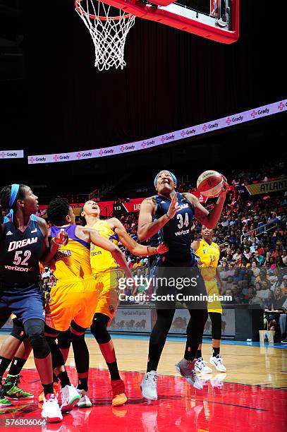 Markeisha Gatling of the Atlanta Dream handles the ball against the Los Angeles Sparks on July 17, 2016 at Philips Arena in Atlanta, Georgia. NOTE TO...