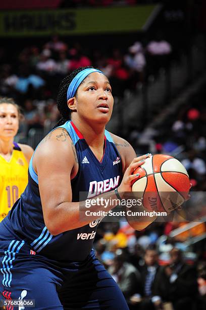 Markeisha Gatling of the Atlanta Dream shoots a free throw against the Los Angeles Sparks on July 17, 2016 at Philips Arena in Atlanta, Georgia. NOTE...