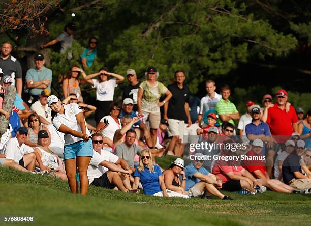 Mirim Lee of South Korea chips to the 18th green while playing the third playoff hole during the final round of the Marathon Classic presented by...