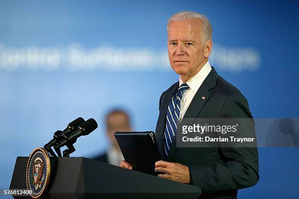 Vice-President Joe Biden speaks at the Boeing factory on July 18, 2016 in Melbourne, Australia. Biden is visiting Australia on a four day trip which...