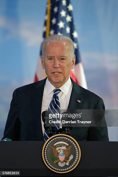 Vice-President Joe Biden speaks at the Boeing factory on July 18, 2016 in Melbourne, Australia. Biden is visiting Australia on a four day trip which...