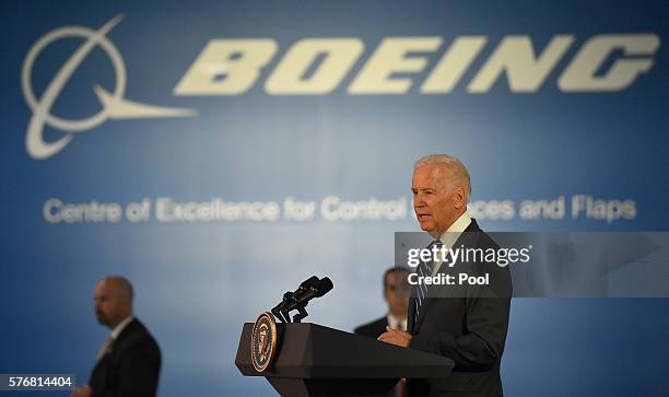 Vice President Joe Biden addresses workers and staff after a tour of the Boeing Aerostructures Australia's plant at Fishermans Bend on July 18, 2016...