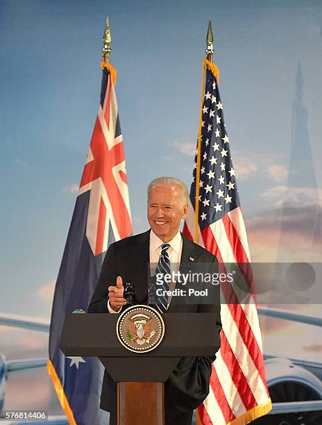 Vice President Joe Biden addresses workers and staff after a tour of the Boeing Aerostructures Australia's plant at Fishermans Bend on July 18, 2016...