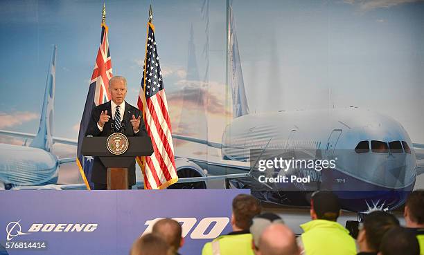 Vice President Joe Biden addresses workers and staff after a tour of the Boeing Aerostructures Australia's plant at Fishermans Bend on July 18, 2016...