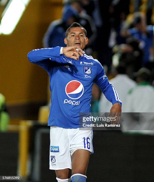 Ayron Del Valle of Millonarios, celebrates after scoring the opening goal during a match between Millonarios and Alianza Petrolera as part of fourth...