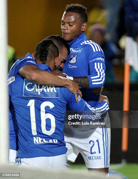 Ayron Del Valle of Millonarios, celebrates with teammates after scoring the opening goal during a match between Millonarios and Alianza Petrolera as...