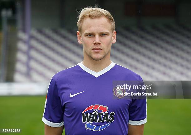 Soeren Bertram of Erzgebirge Aue poses during the FC Erzgebirge Aue Team Presentation at Sparkassenerzgebirgsstadion on July 17, 2016 in Aue, Germany.