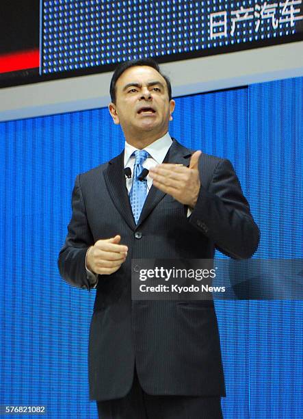 China - Nissan Motor Co. President Carlos Ghosn speaks at the Auto Shanghai 2011 exhibition in Shanghai on April 19 which opened the same day. Ghosn...